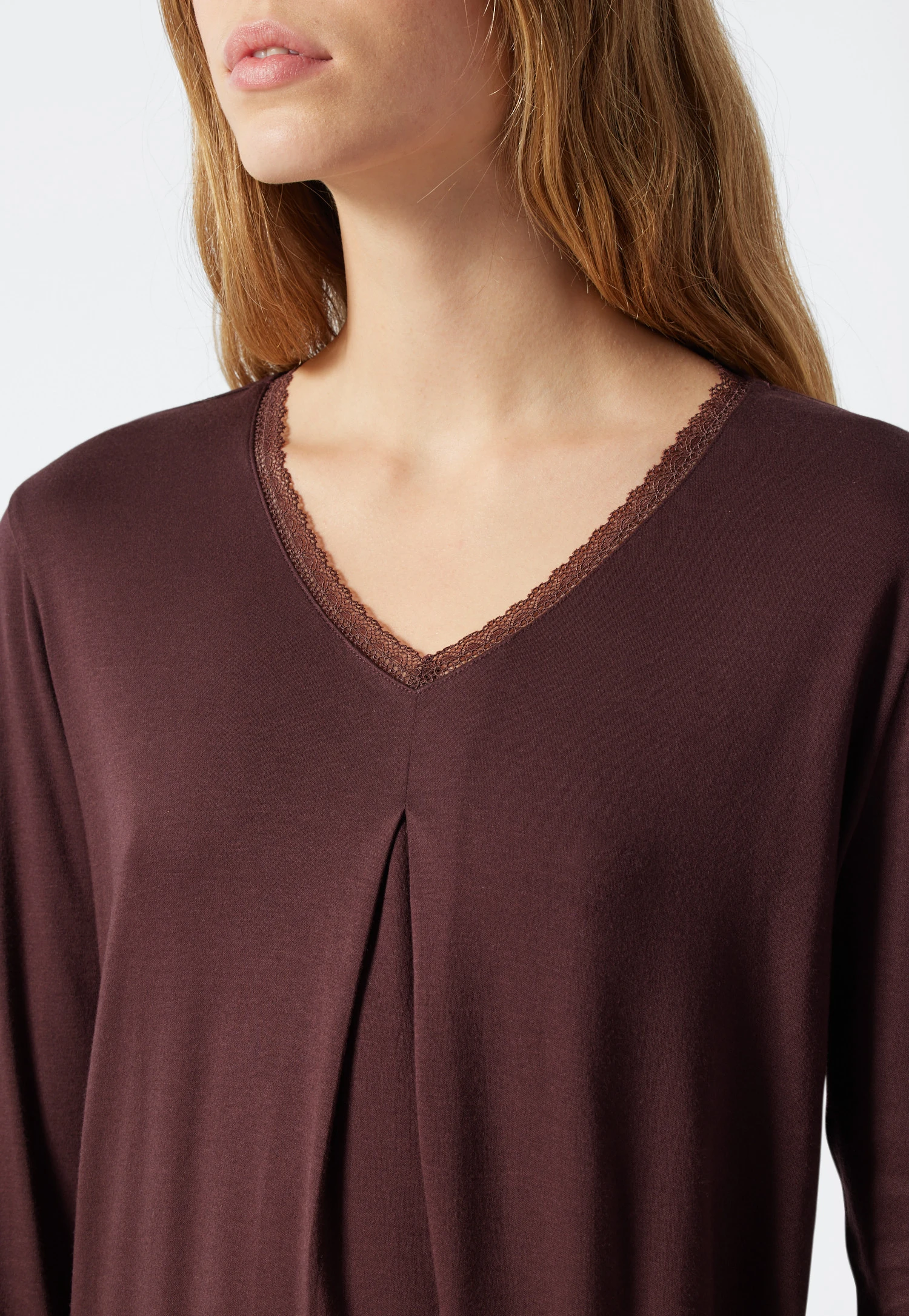 Schiesser Pajamas Long Interlock V-neck Lace Burgundy - Classic Comfort Fit 1 Schiesser Pajamas Long Interlock V-neck Lace Burgundy - Classic Comfort Fit