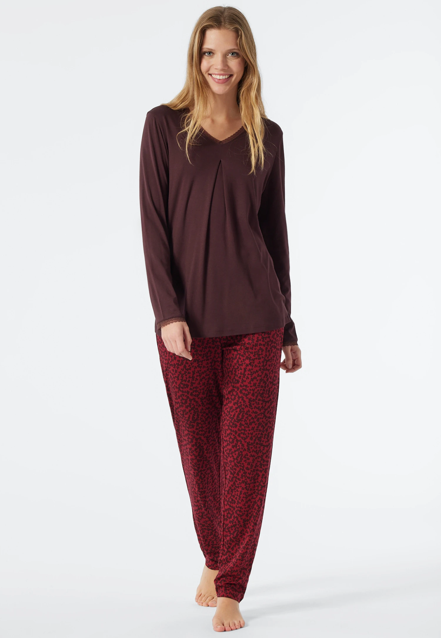 Schiesser Pajamas Long Interlock V-neck Lace Burgundy - Classic Comfort Fit 4 Schiesser Pajamas Long Interlock V-neck Lace Burgundy - Classic Comfort Fit - Image 4