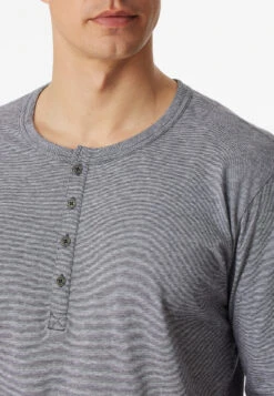 Schiesser Long Pajamas Button Placket Gray-white Striped - Ebony