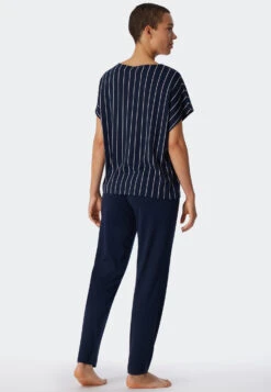 Schiesser Pajamas Long Modal Oversized Shirt Short-sleeved Dark Blue Striped - Modern Nightwear -Uni Style Shop schlafanzug lang modal oversized shirt kurzarm dunkelblau gestreift modern nightwear 179237 803 back