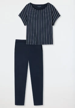 Schiesser Pajamas Long Modal Oversized Shirt Short-sleeved Dark Blue Striped - Modern Nightwear -Uni Style Shop schlafanzug lang modal oversized shirt kurzarm dunkelblau gestreift modern nightwear 179237 803 detail1