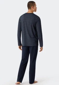 Schiesser Pajamas Long Modal V-neck Stripes Dark Blue - Long Life Soft -Uni Style Shop schlafanzug lang modal v ausschnitt ringel dunkelblau long life soft 179123 803 back