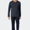 Schiesser Pajamas Long Modal V-neck Stripes Dark Blue - Long Life Soft
