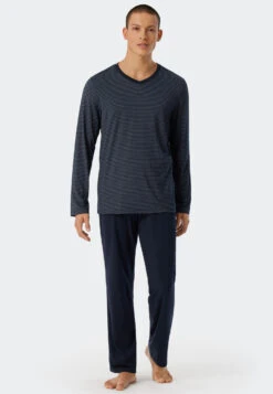 Schiesser Pajamas Long Modal V-neck Stripes Dark Blue - Long Life Soft