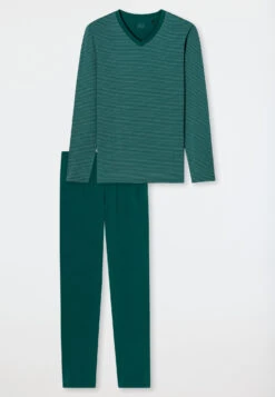Schiesser Pajamas Long Modal V-neck Stripes Lime - Long Life Soft -Uni Style Shop schlafanzug lang modal v ausschnitt ringel linde long life soft 179123 705 detail1