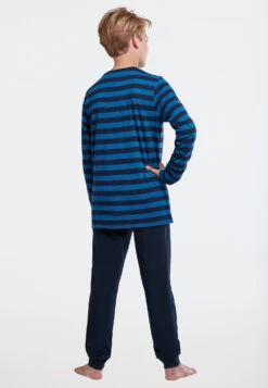 Schiesser Pajamas Long Organic Cotton Break Stripes Cuffs Blue - Nightwear