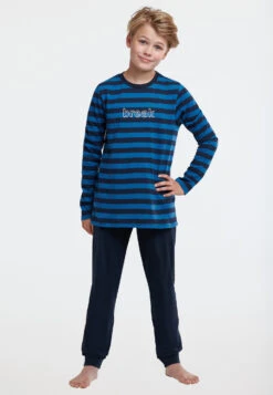 Schiesser Pajamas Long Organic Cotton Break Stripes Cuffs Blue - Nightwear -Uni Style Shop schlafanzug lang organic cotton break ringel buendchen blau nightwear 173848 800 detail2
