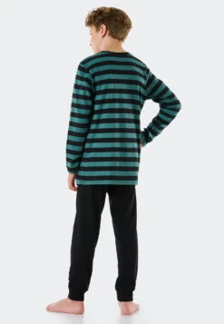 Schiesser Pajamas Long Organic Cotton Break Striped Cuffs Green - Nightwear -Uni Style Shop schlafanzug lang organic cotton break ringel buendchen gruen nightwear 173848 700 back