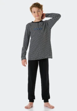 Schiesser Pajamas Long Organic Cotton Break Striped Cuffs Black - Nightwear -Uni Style Shop schlafanzug lang organic cotton break ringel buendchen schwarz nightwear 173848 000 detail2