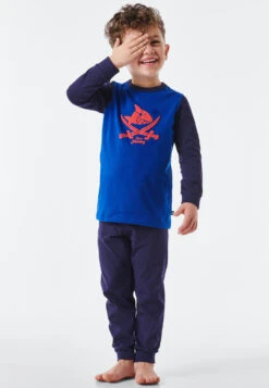 Schiesser Pajamas Long Organic Cotton Cuffs Shark Saber Royal Blue - Capt'n Sharky -Uni Style Shop schlafanzug lang organic cotton buendchen hai saebel royal capt n sharky 177838 819 front