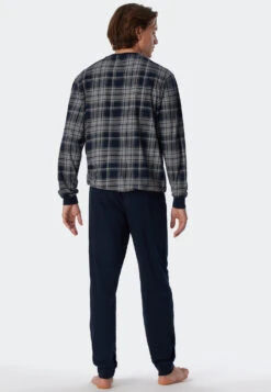 Schiesser Pajamas Long Organic Cotton Cuffs Check Dark Blue - Comfort Fit