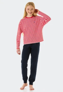 Schiesser Pajamas Long Organic Cotton Cuffs Stripes Heart Red - Aquatic Flow