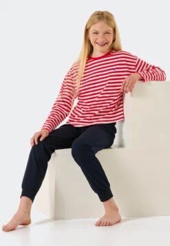 Schiesser Pajamas Long Organic Cotton Cuffs Stripes Heart Red - Aquatic Flow -Uni Style Shop schlafanzug lang organic cotton buendchen ringel herz rot aquatic flow 178963 500 front