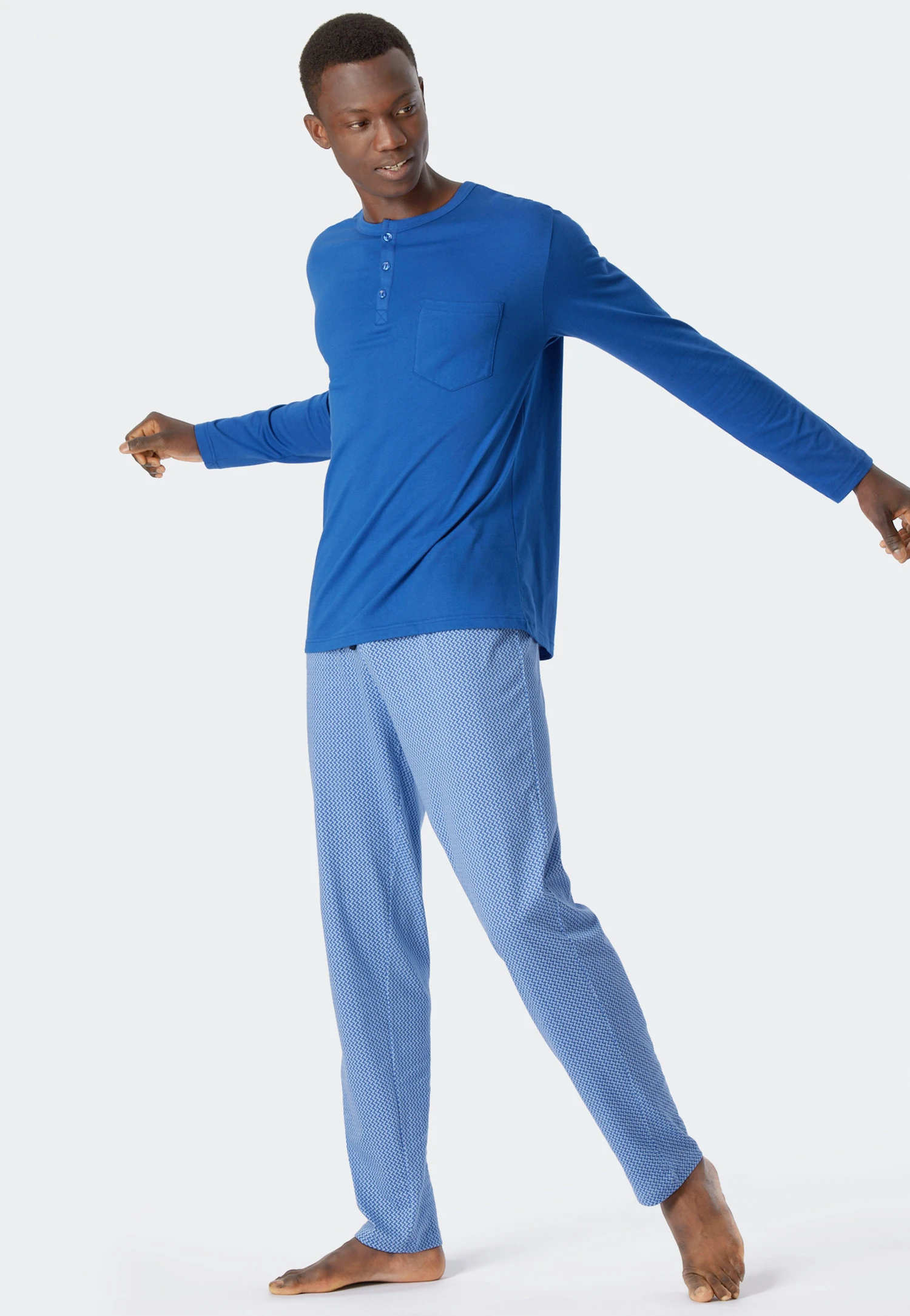 Schiesser Pajamas Long Organic Cotton Button Placket Herringbone Pattern Aqua - Fashion Nightwear 6 Schiesser Pajamas Long Organic Cotton Button Placket Herringbone Pattern Aqua - Fashion Nightwear - Image 6