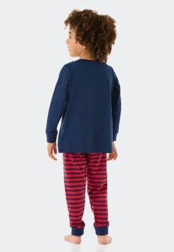 Schiesser Pajamas Long Organic Cotton Stripes Cuffs Ship Pirates Dark Blue - Boys World -Uni Style Shop schlafanzug lang organic cotton ringel buendchen schiff piraten dunkelblau boys world 179024 803 back