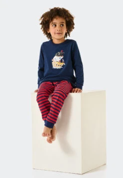 Schiesser Pajamas Long Organic Cotton Stripes Cuffs Ship Pirates Dark Blue - Boys World