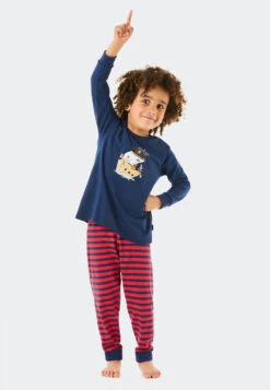 Schiesser Pajamas Long Organic Cotton Stripes Cuffs Ship Pirates Dark Blue - Boys World -Uni Style Shop schlafanzug lang organic cotton ringel buendchen schiff piraten dunkelblau boys world 179024 803 front