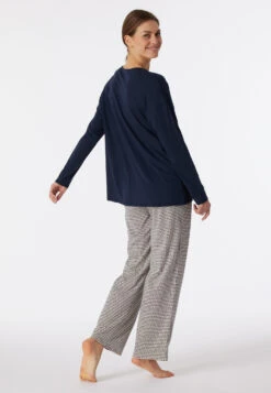 Schiesser Pajamas Long Organic Cotton Wide A-shape Dark Blue - Flared Fit -Uni Style Shop schlafanzug lang organic cotton weite a form dunkelblau flared fit 179254 803 back