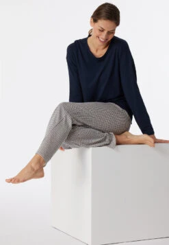 Schiesser Pajamas Long Organic Cotton Wide A-shape Dark Blue - Flared Fit