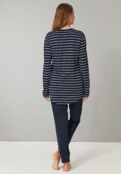 Schiesser Long Pajamas Ringed Cuffs Midnight Blue - Original Classics