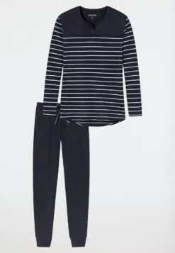 Schiesser Long Pajamas Ringed Cuffs Midnight Blue - Original Classics -Uni Style Shop schlafanzug lang ringel buendchen nachtblau original classics 161069 804 detail1