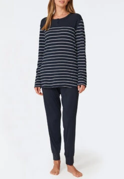 Schiesser Long Pajamas Ringed Cuffs Midnight Blue - Original Classics -Uni Style Shop schlafanzug lang ringel buendchen nachtblau original classics 161069 804 detail2
