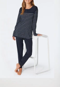 Schiesser Long Pajamas Ringed Cuffs Midnight Blue - Original Classics -Uni Style Shop schlafanzug lang ringel buendchen nachtblau original classics 161069 804 front