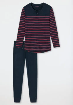 Schiesser Pajamas Long Stripes Cuffs Midnight Blue - Red - Selected! Premium Inspiration