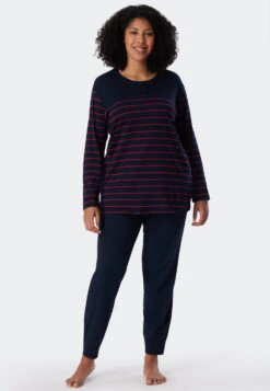 Schiesser Pajamas Long Stripes Cuffs Midnight Blue - Red - Selected! Premium Inspiration -Uni Style Shop schlafanzug lang ringel buendchen nachtblau rot selected premium inspiration 161069 913 detail2