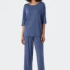 Schiesser Pajamas Long Tencel Oversized Shirt Short-sleeved Blue - Selected! Premium