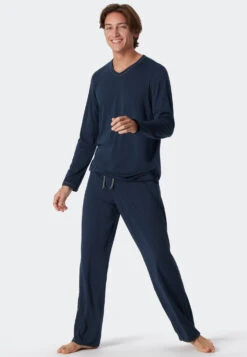Schiesser Pajamas Long Tencel V-neck Stripes Dark Blue - Selected! Premium -Uni Style Shop schlafanzug lang tencel v ausschnitt streifen dunkelblau selected premium 179125 803 front