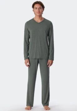 Schiesser Pajamas Long Tencel V-neck Stripes Jade - Selected! Premium -Uni Style Shop schlafanzug lang tencel v ausschnitt streifen jade selected premium 179125 713 detail2