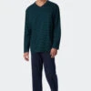 Schiesser Pajamas Long V-neck Striped Dark Green - Essentials Nightwear