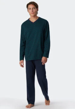 Schiesser Pajamas Long V-neck Striped Dark Green - Essentials Nightwear
