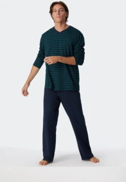 Schiesser Pajamas Long V-neck Striped Dark Green - Essentials Nightwear -Uni Style Shop schlafanzug lang v ausschnitt ringel dunkelgruen essentials nightwear 179101 702 front