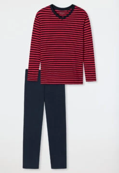 Schiesser Pajamas Long V-neck Striped Red - Essentials Nightwear