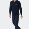Schiesser Pajamas Long V-neck Stripes Dark Blue - Comfort Fit