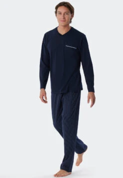 Schiesser Pajamas Long V-neck Stripes Dark Blue - Comfort Fit