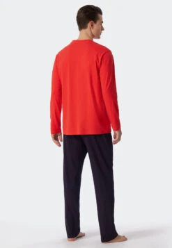 Schiesser Pajamas Long V-neck Stripes Red - ComfortFit