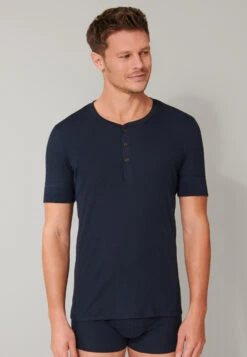 Schiesser Shirt Short-sleeved Double Rib Organic Cotton Button Placket Dark Blue - Retro Rib