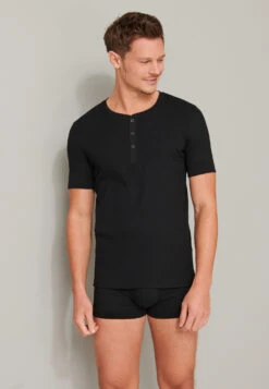 Schiesser Shirt Short-sleeved Double Rib Organic Cotton Button Placket Black - Retro Rib