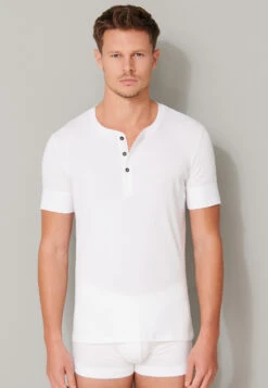 Schiesser Shirt Short-sleeved Double Rib Organic Cotton Button Placket White - Retro Rib