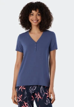 Schiesser Shirt Short-sleeved Henley Button Placket Admiral Blue - Mix+Relax