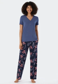 Schiesser Shirt Short-sleeved Henley Button Placket Admiral Blue - Mix+Relax -Uni Style Shop shirt kurzarm henley knopfleiste admiral mix relax 175476 801 front