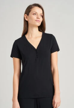 Schiesser Shirt Short-sleeved Henley Button Placket Black - Mix & Relax