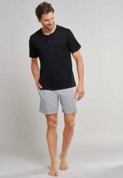 Schiesser Shirt Short-sleeve Jersey Button Placket Black - Mix + Relax -Uni Style Shop shirt kurzarm jersey knopfleiste schwarz mix relax 163831 000 front