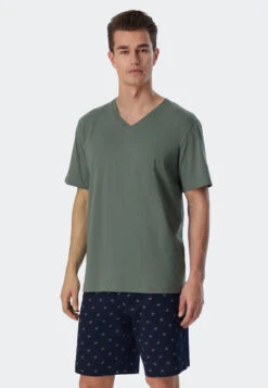 Schiesser Shirt Short-sleeved Organic Cotton V-neck Jade - Mix & Relax