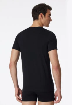 Schiesser Short-sleeved Shirt With V-neck, Black - Long Life Cotton -Uni Style Shop shirt kurzarm v ausschnitt schwarz long life cotton 172468 000 back