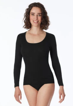 Schiesser Long-sleeved Fine Rib Round Collar Spencer Shirt Black - Luxury