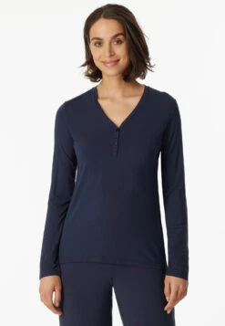 Schiesser Shirt Long-sleeved Modal V-neck Button Placket Blue - Mix & Relax -Uni Style Shop shirt langarm modal v ausschnitt knopfleiste blau mix relax 175478 800 detail2